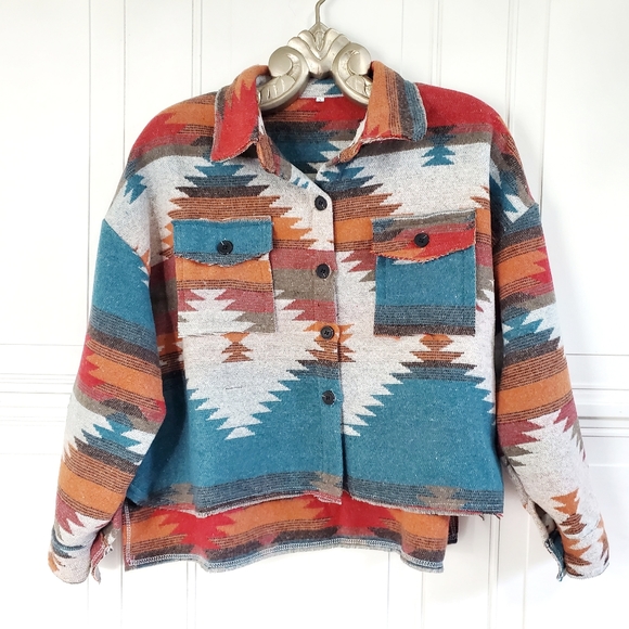 New Aztec Distressed Flannel Jacket Coat Shacket Button Up Top Blue Red - Picture 6 of 13